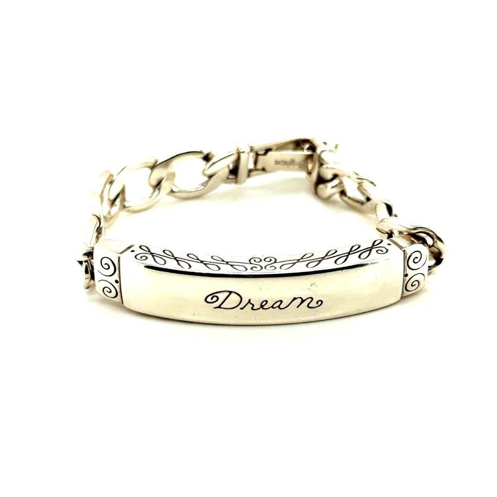 Brighton Dream Script ID Bracelet Silver Tone Scroll Filigree Curb Chain 7 Inch